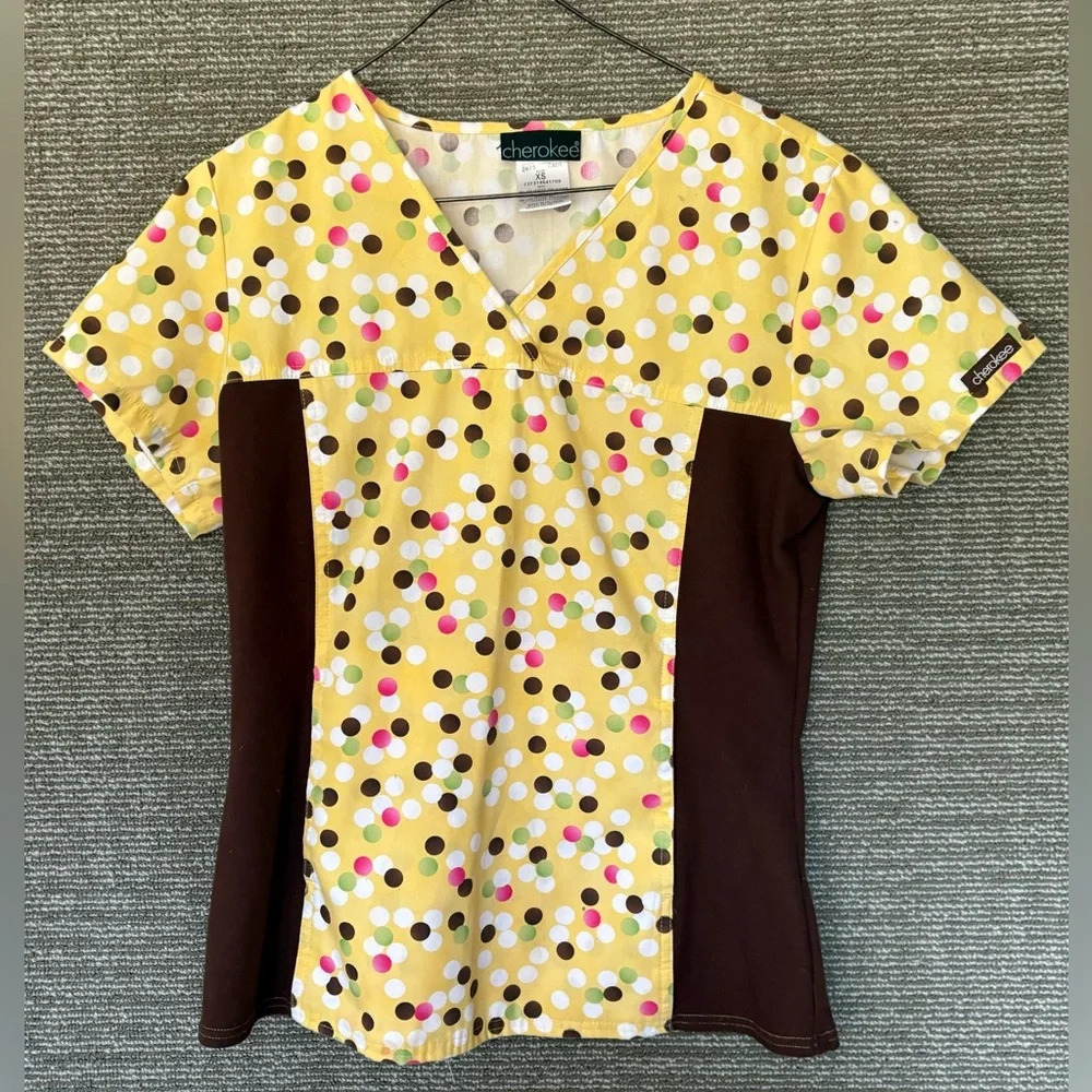 Polka Dot Scrub Top Sz XS Brown/Yellow